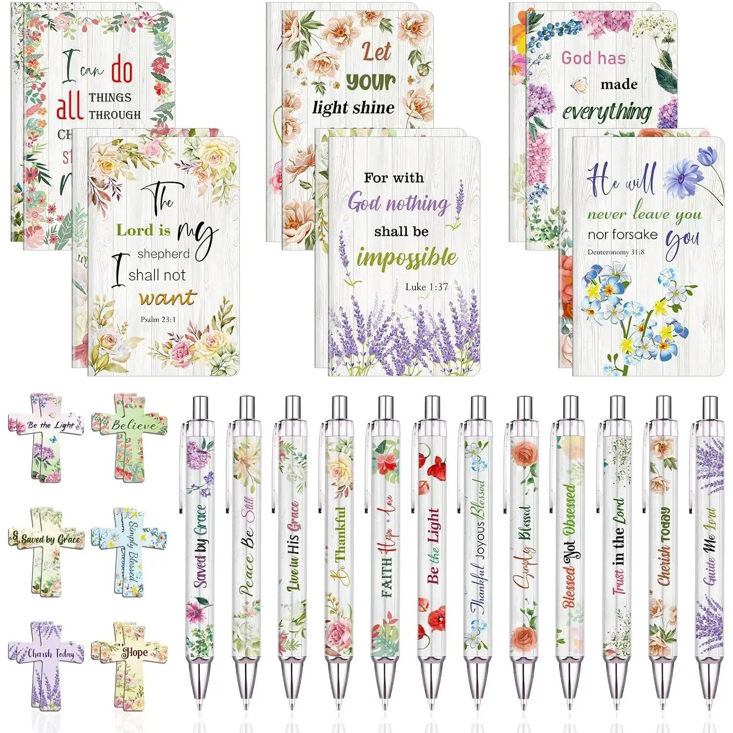 Religious Bulk Pack Office Stationery Gift Set (36-Count) for Women - Lavender & Hydrangea Themed, 3.5"x5.5" Mini Verse Notepads, Scripture Writing Tools, Cross Bookmarks - Thanksgiving Positivity Prizes