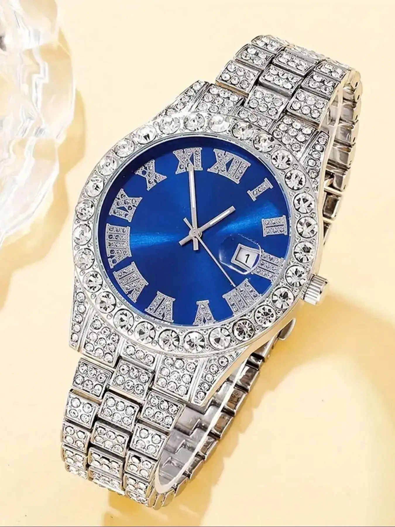 Men's Rhinestone Wrist Watch & Cross Pendent Jewelry Set, Luxury Round Pointer Quartz Analog Watch For Men/Women, Rhinestone Watches, Quartz Wristwatch, Rhinestone Decorated Watch, Rhinestone Embellished Watch, Analog Wristwatches, Quartz Analog Timepiece