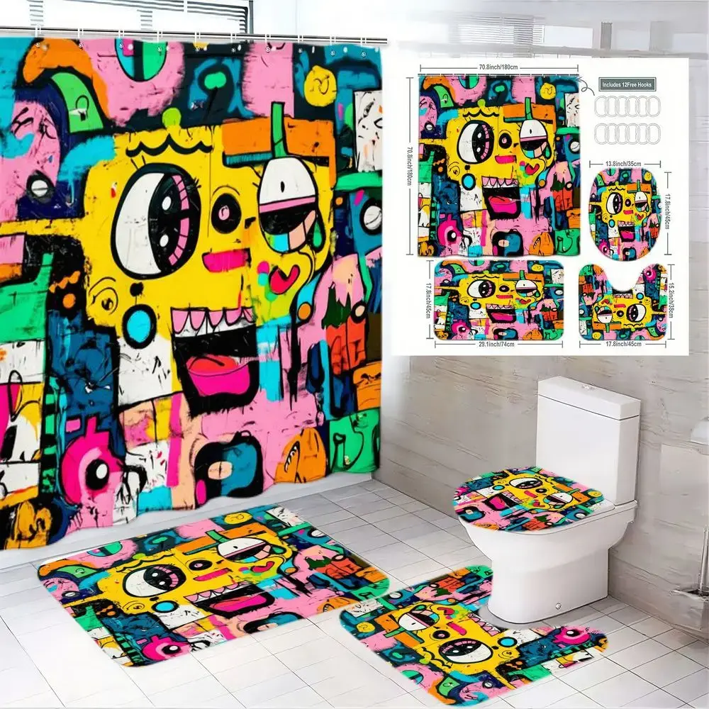 1/4pcs Graffiti-Style Bathroom Set with SpongeBob-Like Character, Colorful, Decorative Shower Curtain, Shower Curtain Sets, 2 Bath Mats, Toilet Seat Cover, Perfect for Festive Decor, Pink/Blue/Green Geometric Patterns