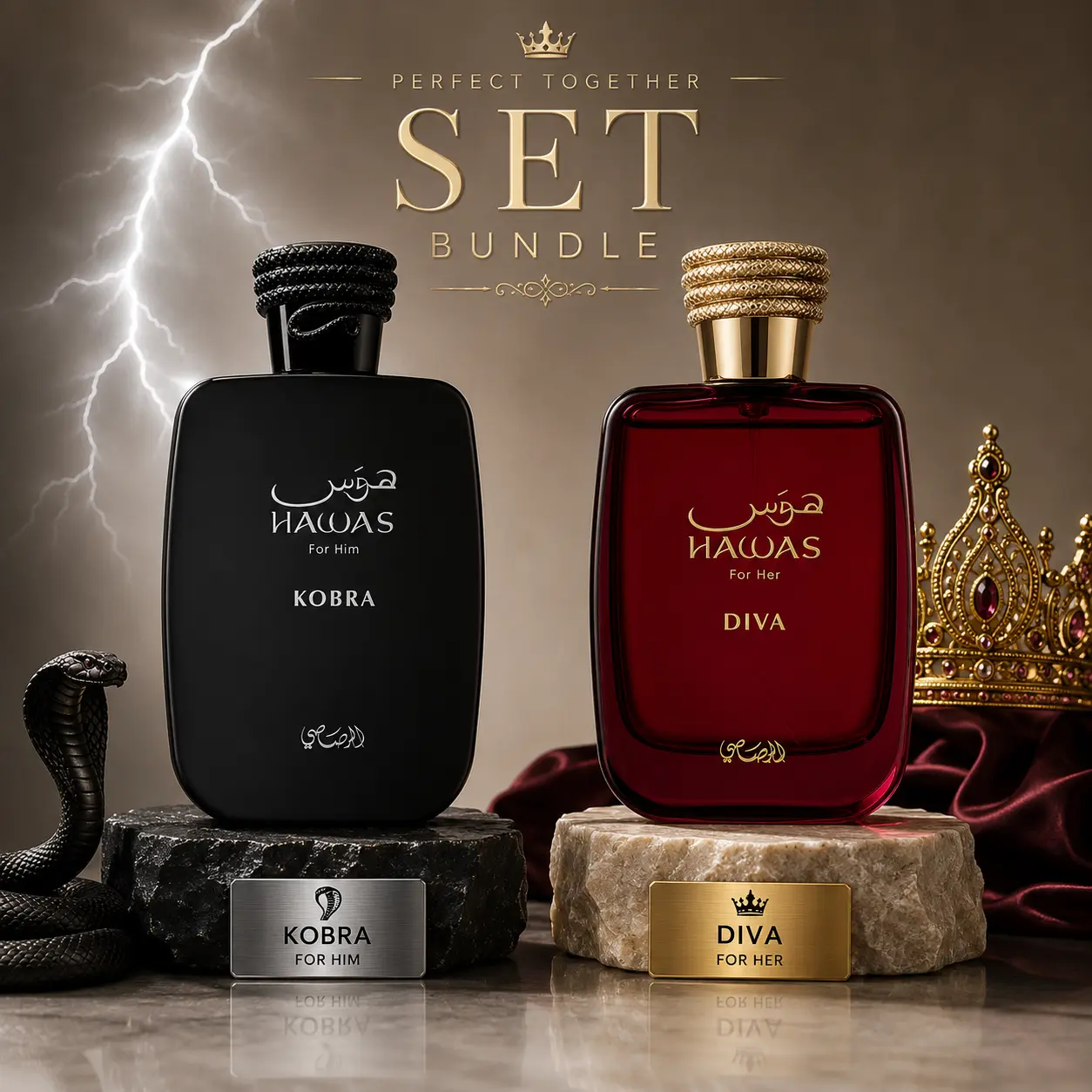 SET Rasasi Hawas Kobra & Hawas Diva Perfume Set | Luxury Eau de Parfum Bundle for Him & Her | 2 x 100ml Long Lasting Fragrance