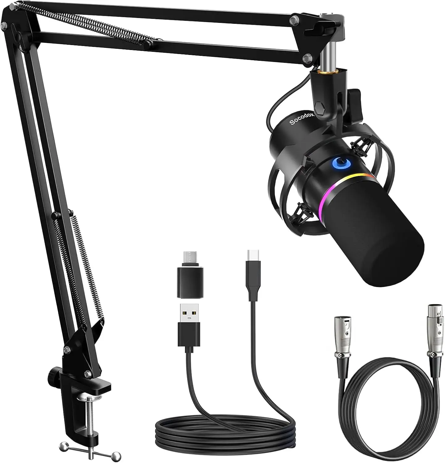 Socodox XLR/USB Dynamic Gaming Microphone Set with Audio Control, Volume Knob, Boom Arm Stand, RGB Lights, Mute Button, Headphone Jack, USB Type C - Adults' PC/Laptop Mic for Podcast Setup, Father's Day Gift