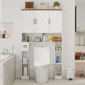 Vabches Over The Toilet Storage Cabinet, Farmhouse Toilet Cabinet Rack with 3 Barn Doors, Space Saving Bathroom Organizer with Shelves, Toilet Paper Holder and Towel Rack for Bathroom,Restroom,Laundry