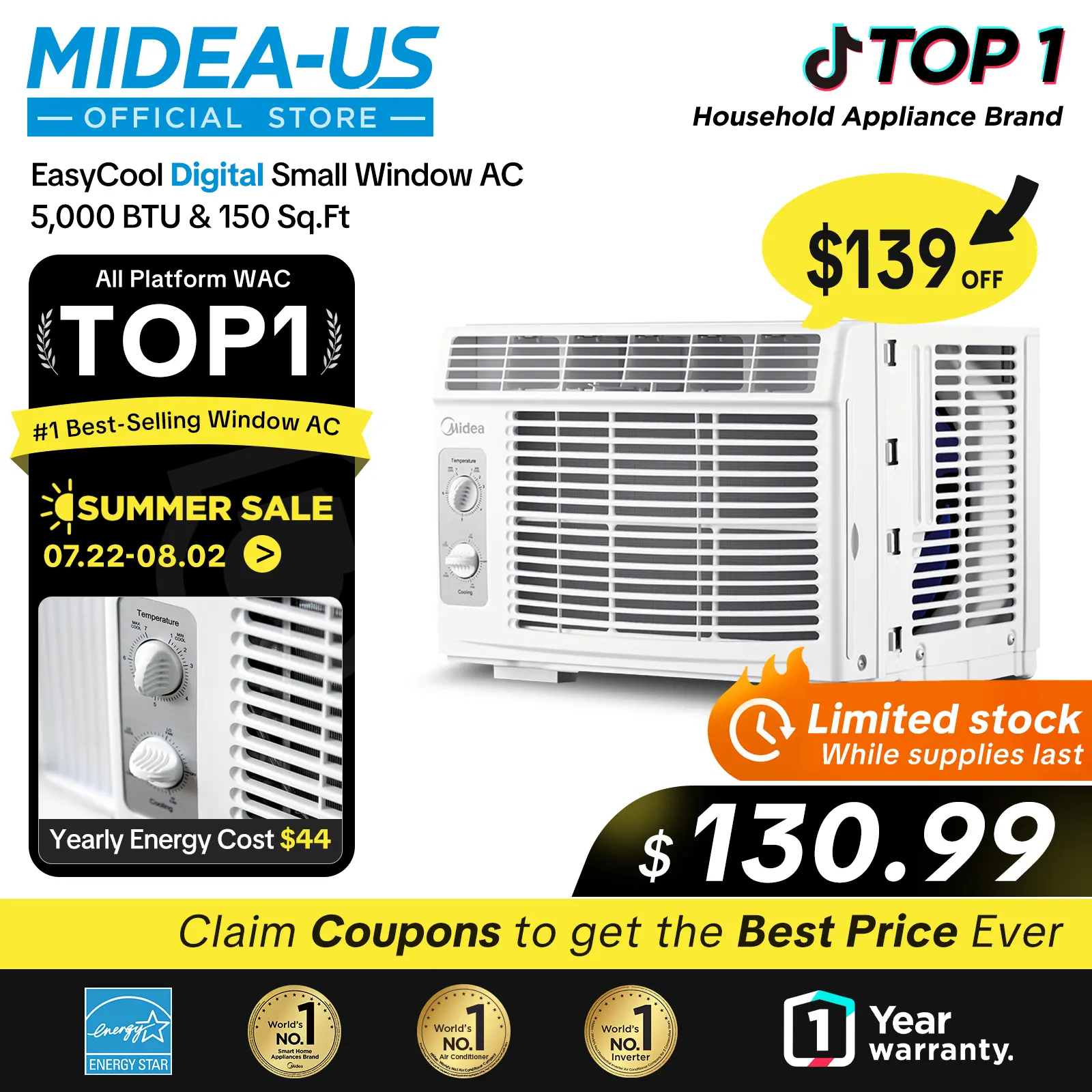 Midea 5,000 BTU EasyCool Mechanical Small Window Air Conditioner - Cool up to 150 Sq. Ft. AC with Easy-to-Use Mechanical Controls and Reusable Filter, Perfect for Small Bedroom, Living Room, Home Office