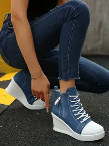 Summer New Height Increasing Platform Casual Canvas Shoes for Women, Thick Sole Wedge Heel Slimming Leg High Heels Single Shoe