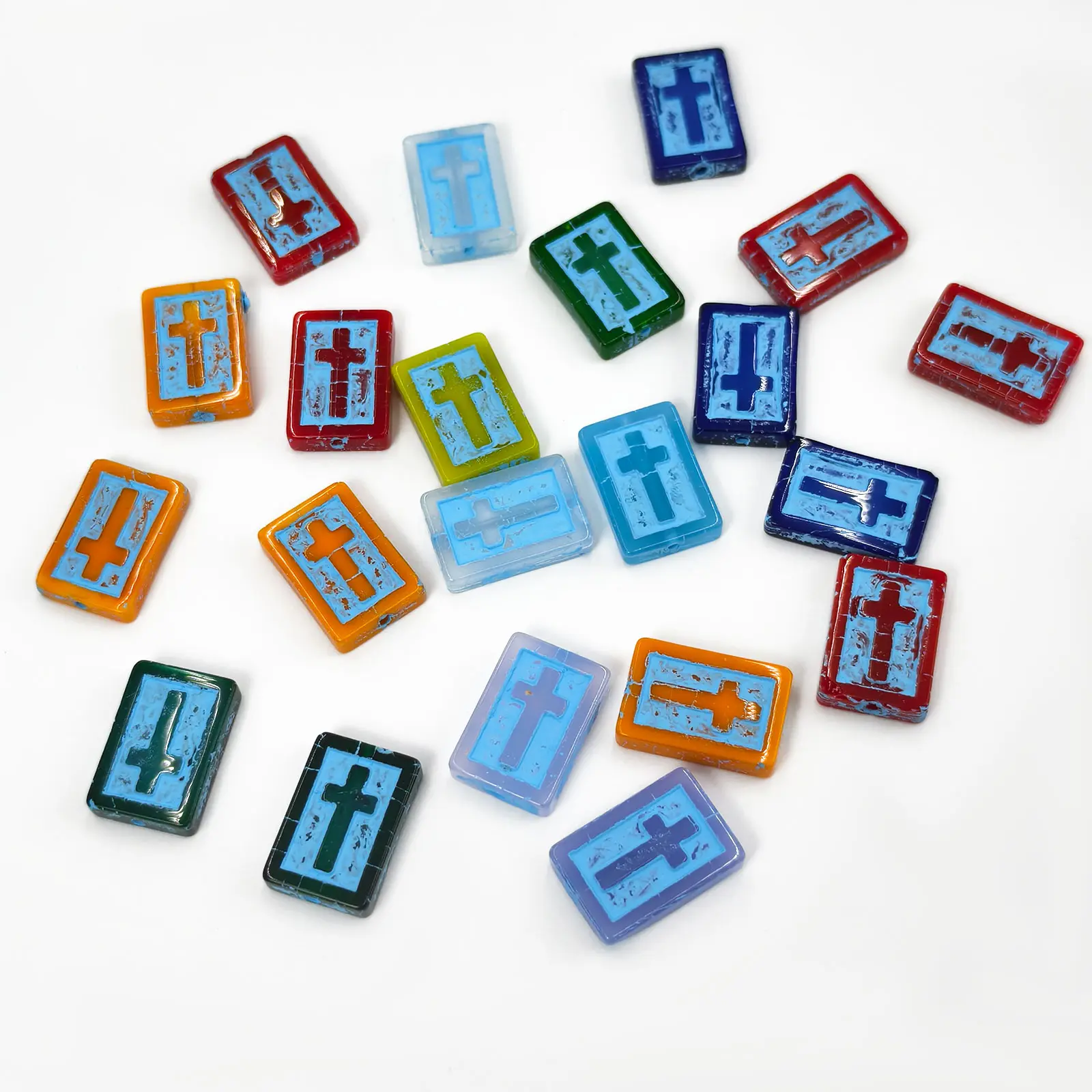 19PCS Vintage Distressed Relief Cross Rectangular Glass Beads  DIY Bracelet, Necklace, Bag Strap Handmade Beading Accessories, Ideal for Everyday Wear Jewelry