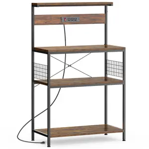 Kitchen Baker's Rack with Power Outlet, 4-Tier Microwave Oven Stand with Side Mesh Storage Baskets, Adjustable Shelves and Anti-Tip Device