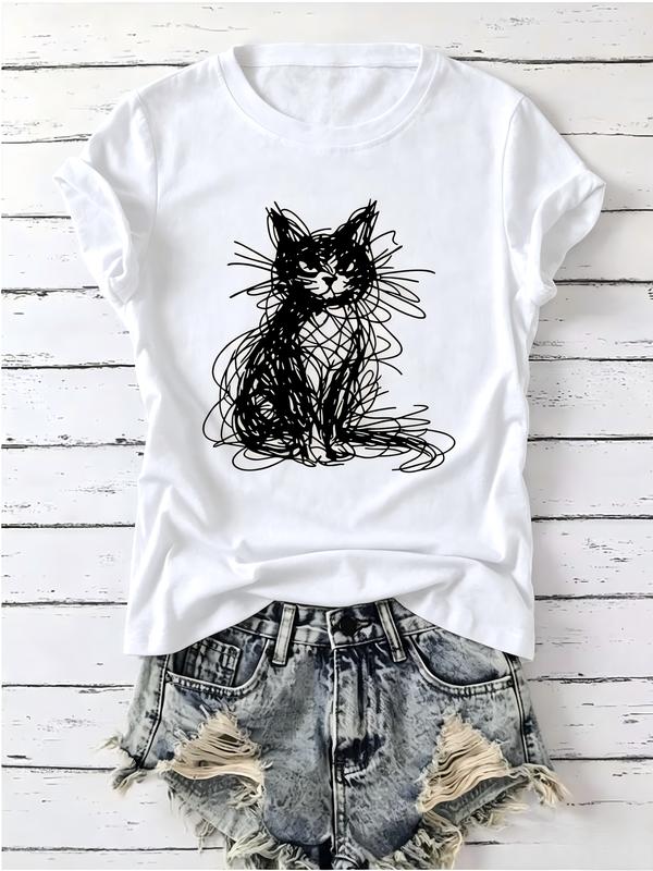 Men's Minimalist Abstract Scribble Cat Sketch Graphic Short-Sleeve Crewneck T-Shirt - Loose Menswear Top for Cat Lovers, Pair with Jeans, Funny Meme Design, Shortsleeve, Print