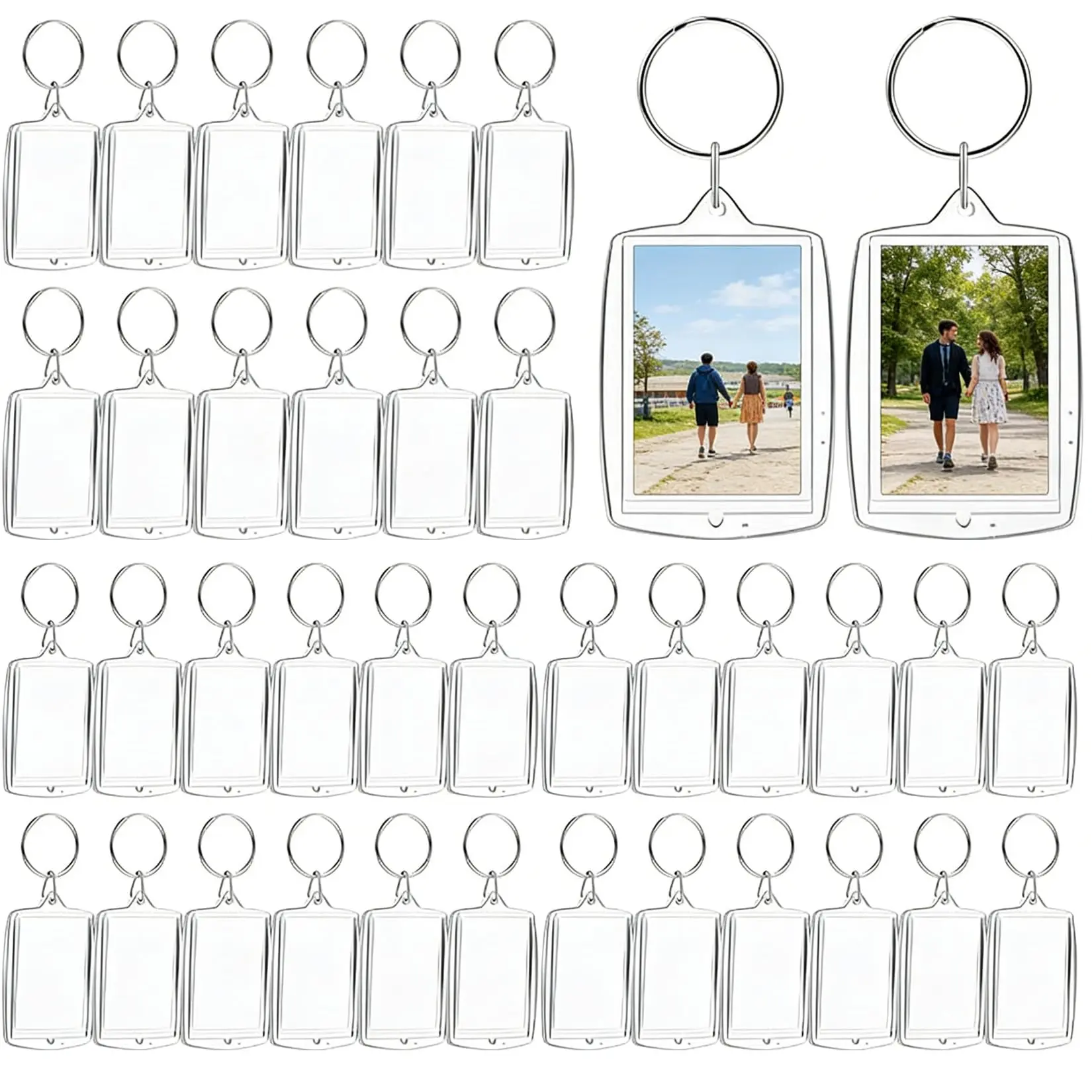 100Pcs DIY Acrylic Photo Keychains, Clear Plastic Blanks with Round & Rectangular Inserts – Party Favors & Gift Making Supplies
