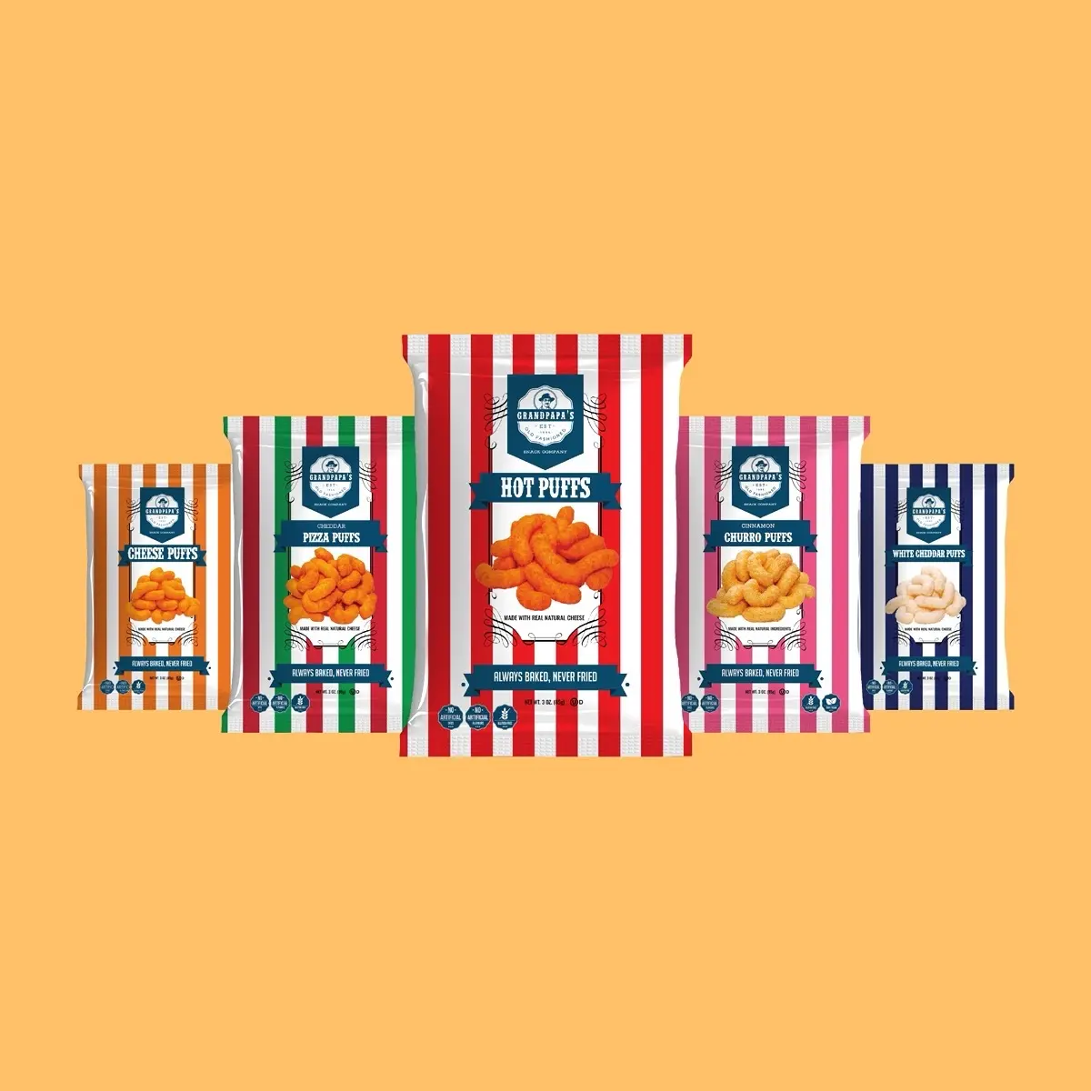 Grandpapa's Snack Mixed Variety 5 Pack Crunchy Baked Puffs Not Fried Gluten Free Snack Chips with Regular Cheese, Pizza, White Cheddar, Cinnamon Churro, Hot Puffs