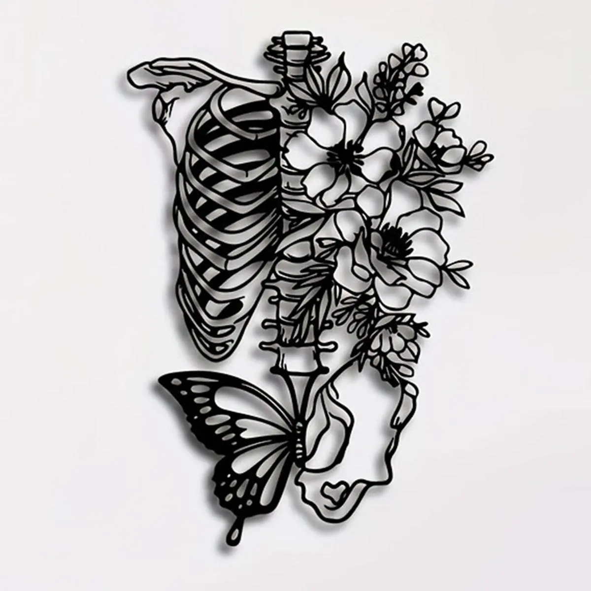 Skeleton Wall Art Decor, Artistic Metal Wall Hanging Decor with Flower & Butterfly Design, Floral Aesthetic Pattern, Unique Metal Wall Hanging Decor for Home Bedroom, Poster, Halloween, Artwork, Home Decor Accessory, Decoration
