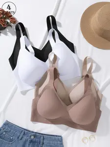5/4/3/2/1 Pack Plus Size Basic Seamless Bras, V Neck Push Up Backless Bra, High Stretch Skin-Friendly No Underwire, 0xl-4xl Comfortable Breathable Daily Wear