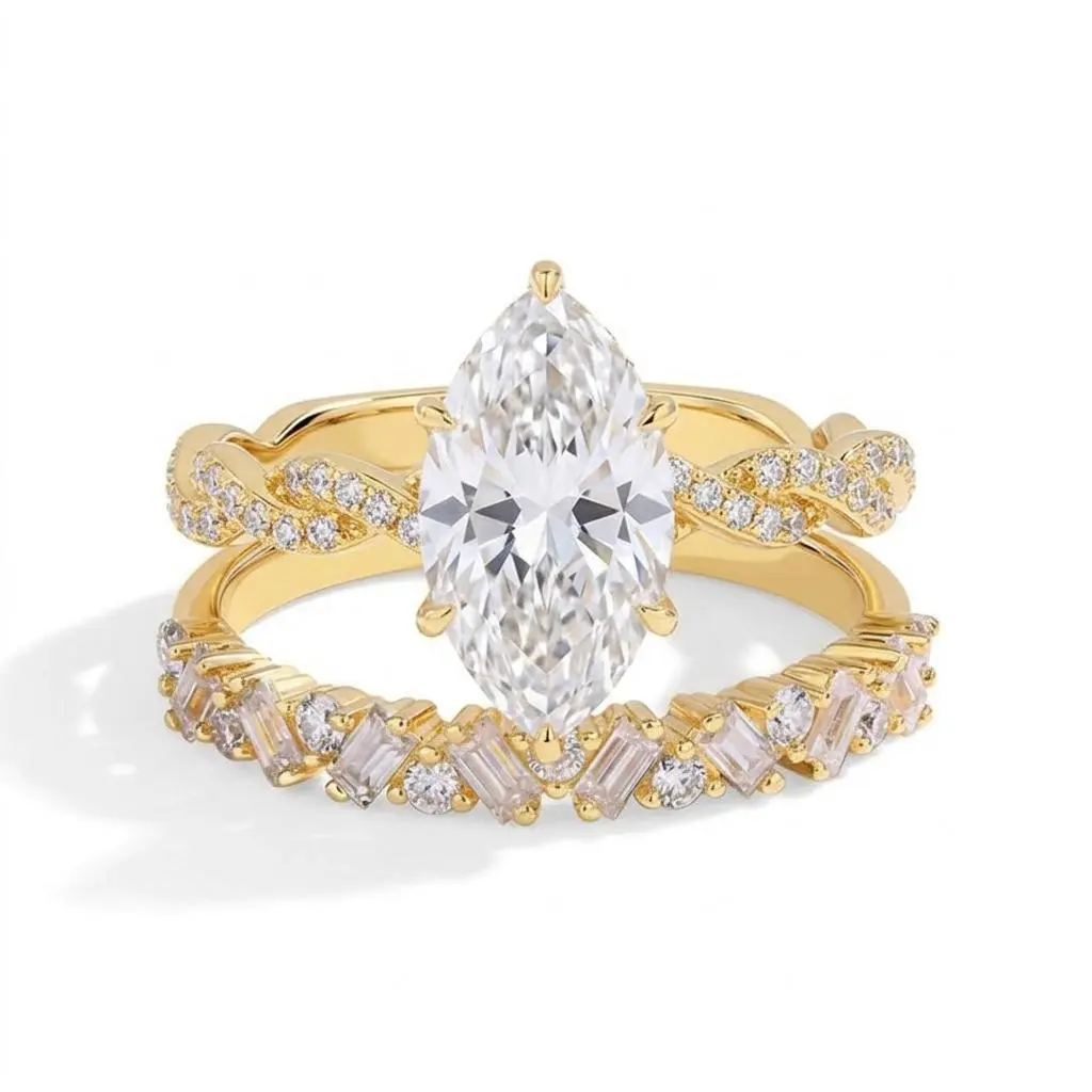 Women's 2-Piece D/VVS1 2.5CT Ice-Cut Gem Accent Jewelry Set - Marquise Center Engagement Ring, Twisted Band Wedding Ring, Sizes 5-10, Rings