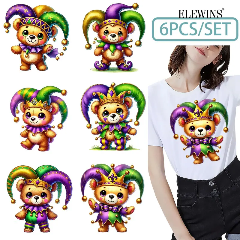 6 Carnival Teddy Bear Heat Transfer Vinyl Stickers Patches DIY T-Shirt Jeans Backpack Home Clothing Hat Decorative Embroidered Patches