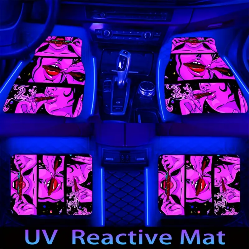 4pcs UV Reactive Car Floor Mats with Vibrant Pink & Purple Flame Design  Water-Absorbent, Non-Slip, Stain-Resistant Polyester Material for Front and Rear Seats, Fit for Most Cars, Eye-Catching Interior Decoration car floor mat