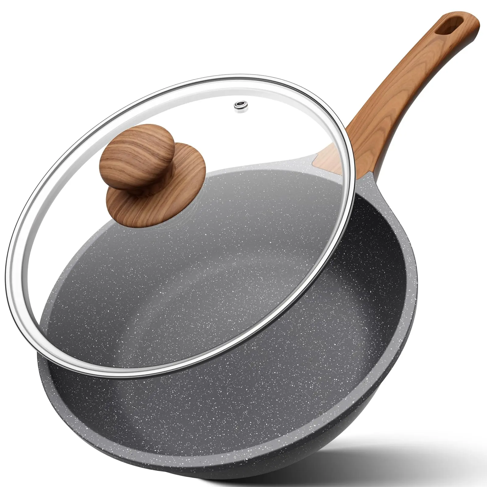YASHE Nonstick Frying Pan Skillet with Glass Lid - Steady Wooden Grip, Healthy Granite Coating, Aluminum Base, Induction Compatible for All Stovetops, Non Stick Cookware for Family Meals