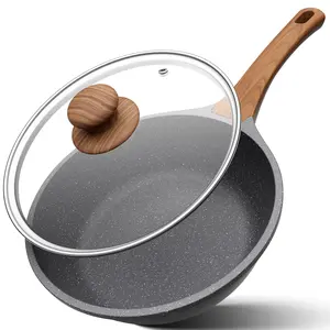 YSAHE Non-Stick Saute Pan with Wooden Handle & Glass Lid Healthy Granite Coating Induction Compatible for All Stovetops Efficient Cooking