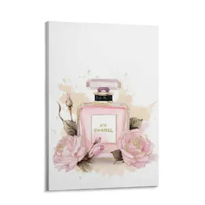 Chanel-Inspired Perfume Canvas Wall Art Inches Fashion Artwork Print, Pink Floral Luxury Picture for Bathroom & Women's Room Decor