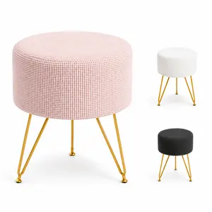 White Vanity Stool Round Ottoman Foot Stool with Artificial Fur Seat Cover Velvet Vanity Chair with 3 Metal Legs for Bedroom Bathroom Living Room and Office