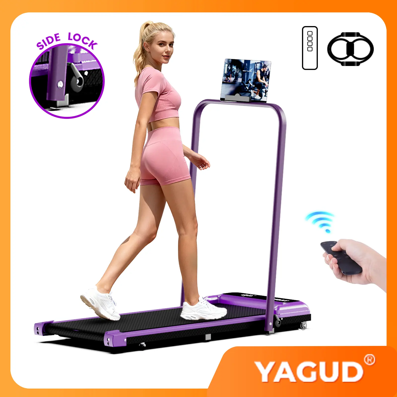 【SUMMERVIBES】YAGUD Walking Pad with Handrail – Remote Control & LED Display, 265LBS Weight Capacity, Dual Shock Absorption, Wide Belt, Compact Design for Easy Indoor Workouts