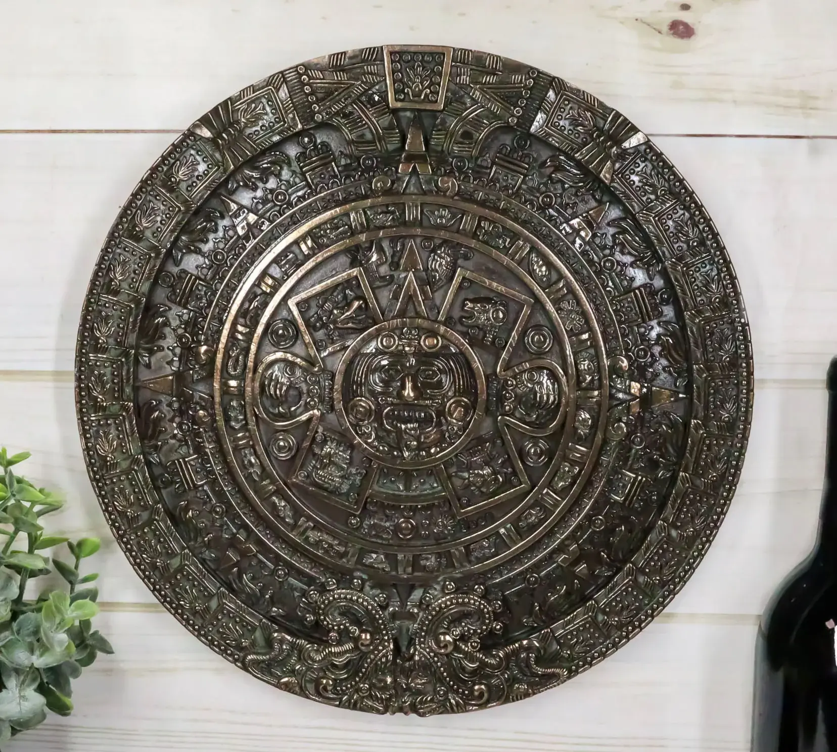 Mexican Aztec Maya Solar Sun Xiuhpohualli-Tonalpohualli Hand-Painted Polished Wall Calendar Plaque, Home Decor Statue Figurine, Wall Decor