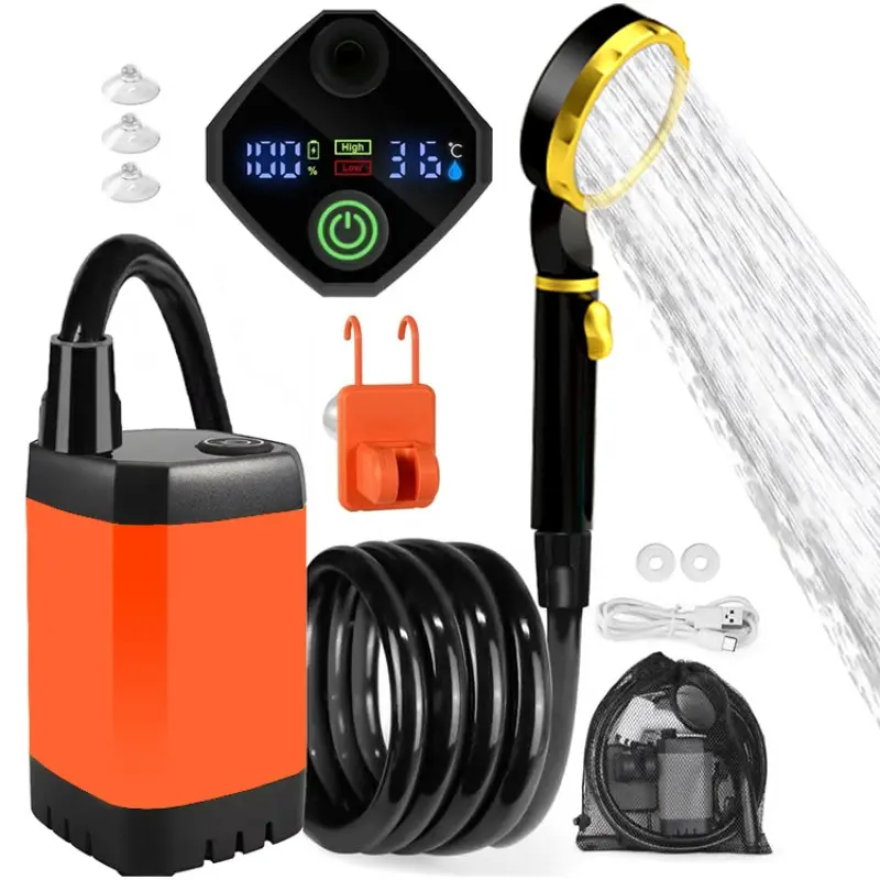 Portable Electric Shower, 1 Set Outdoor Rechargeable Camping Shower, Waterproof Shower Pump with Digital Display for Camping Hiking Backpacking Travel Beach, Camping Gear, Camping Shower Head