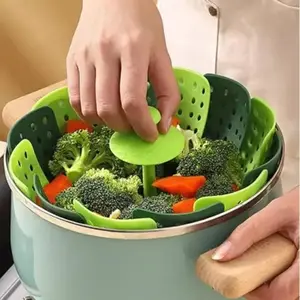 Lotus steamer basket, Folding Steamer, Green Kitchenware Accessory, Non-Scratch Silicone cookware kitchen gadgets Container Cooking