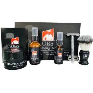 G.B.S Shaving Gift Set - DE Butterfly Safety Razor, Brush Pre shave Oil, Shaving Cream, Aftershave balm + Blades Gift Kit for Men Comfort Cleansing