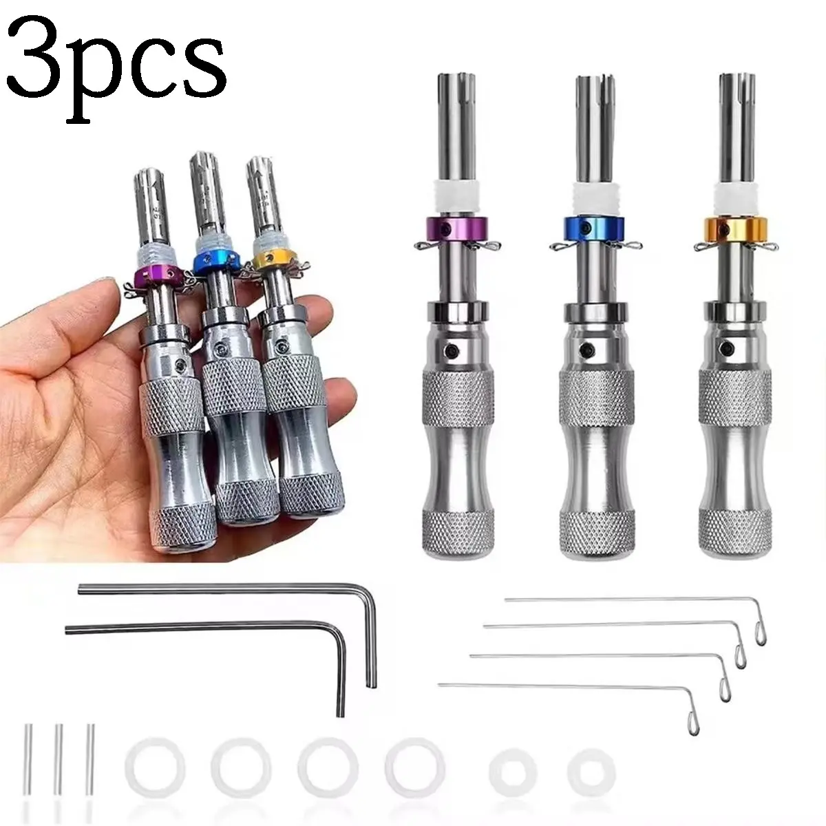 3 Pieces of 7-Pin Tubular Tools, Made of Stainless Steel, Three Sizes Suitable for Various Specifications, with Reset Function, Multi-Functional Hand Tool, Mechanical Tool Set, Hand Tool Kits, Multitool Set, Repair Tools