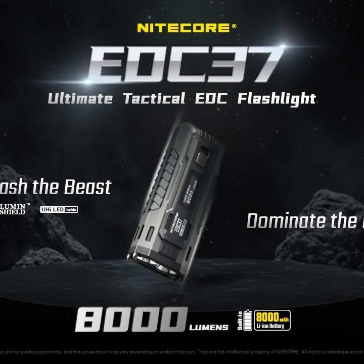 Nitecore EDC37 8000 Lumen USB-C Rechargeable Flat EDC Flashlight with NiteLab UHi 20 MAX LED, 4 Brightness Levels, OLED Screen, and IP54 Water-Repellent