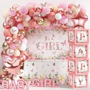 Baby Shower Decoration for Girl Baby Girl Pink Rose Gold Baby Shower Decoration Floral Gender Reveal Party Supplies with It's a Girl Backdrop Balloon Arch Baby Box with Letter Butterfly Sticker
