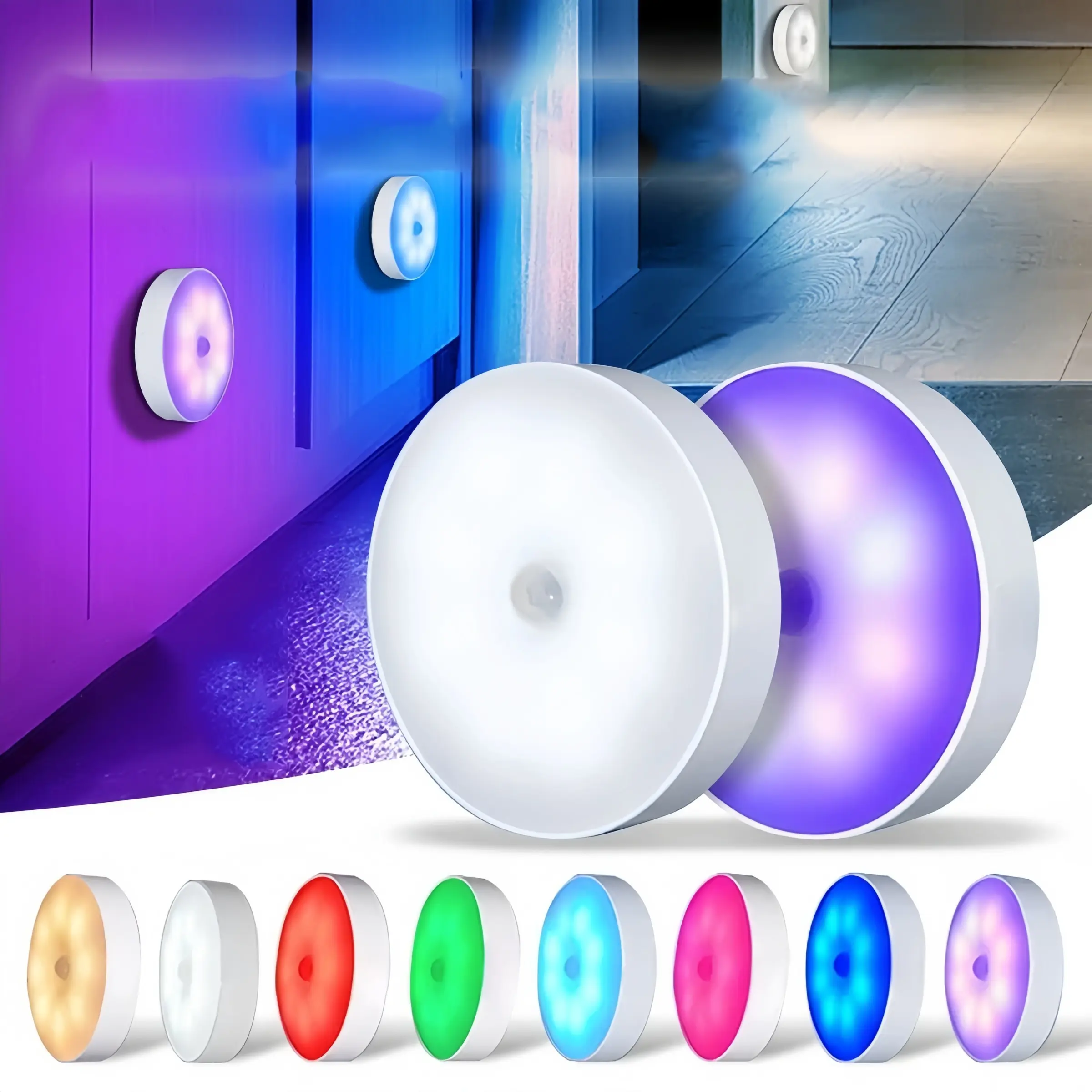 Motion Sensor RGB Lighting Night Light Set, Remote Control Round Lights, USB Rechargeable, Adjustable Brightness, Ideal for Bathroom, Cabinet, Stairs, Decorative Wall Light