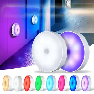 Motion Sensor RGB Night Light Set, Remote Control Round Lights, USB Rechargeable, Adjustable Brightness, Ideal for Bathroom, Cabinet, Stairs, Decorative Wall Light