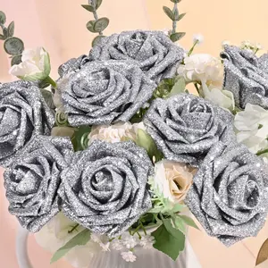 12 sparkly rose bouquets, timeless sparkly artificial flowers, suitable for wedding decorations, floral embellishments sparkly foam pink roses, lady's anniversary gift birthday