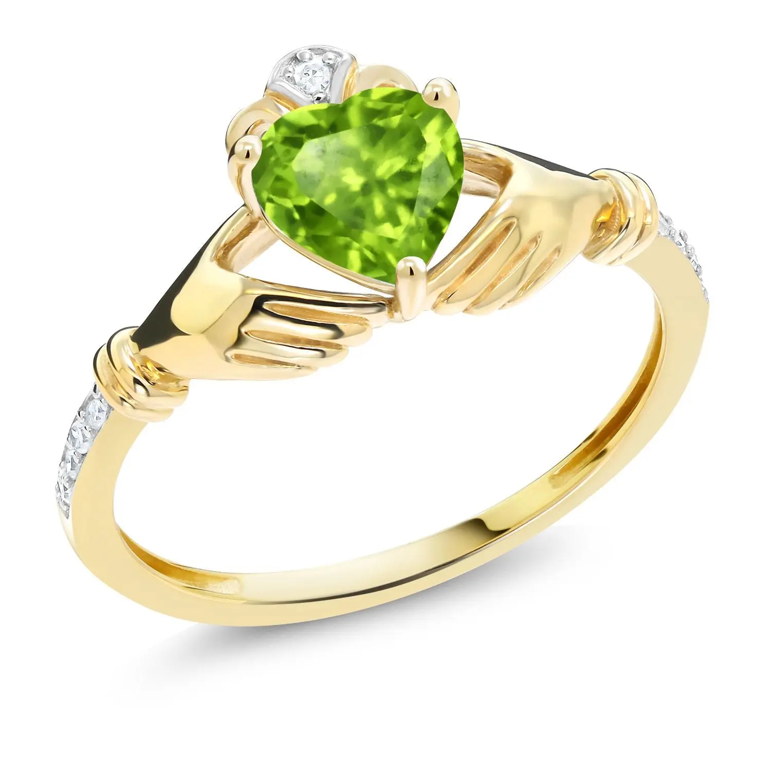 10K Yellow Gold 6MM Heart Shape Gemstone Birthstone and White Diamond Irish Celtic Claddagh Engagement Ring | Gold Ring For Women | Sizes 5 to 9