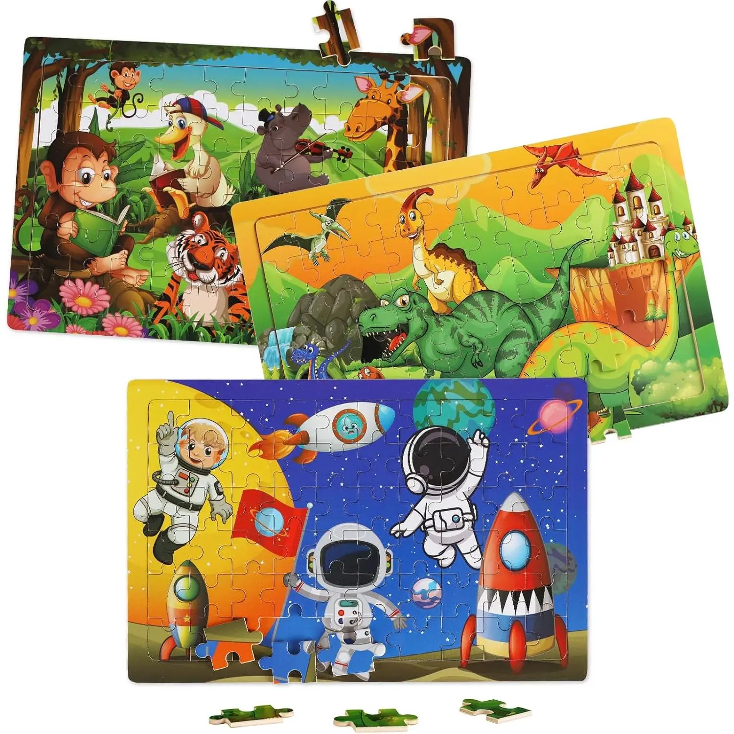 Wooden Jigsaw Puzzles for 4-6 Years Olds - 3-Pack 60-Piece High-Quality Wood Toys with Dinosaur, Animal, Nature, Space Themes, Wooden Material for Learning & Enhancing Fine Motor Skills, Ideal Gifts