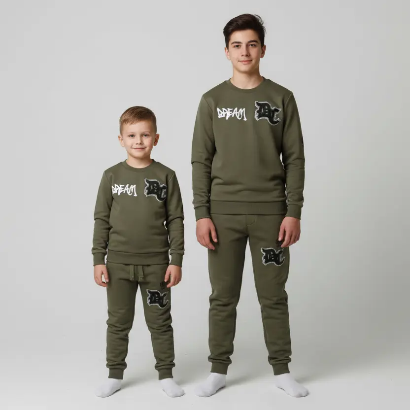 Kids' Cozy Olive Green Sweat Suit Set with Bold Teddy Bear Graphic & Graffiti "DC" Design | Loungewear for Trendy Kids