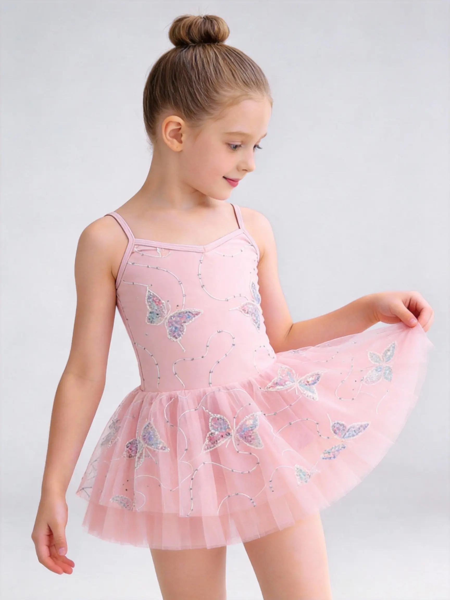 Girls' Spaghetti Strap Dress with 3D Sequin Butterfly, Skin-Friendly Fabric, Layered Mesh Skirt & Integrated Crotch Design for Dance Practice, Highly Elastic, Crewneck Silhouette, Resists Washing Repeatedly, Dance Attire, Crew Neck, Sleeveless, Fitted, Po