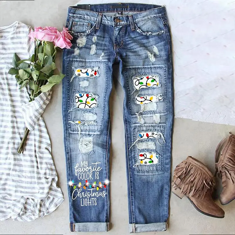 Women's Mid-Waist Ripped Denim Bottoms - Fitted Regular-Leg Christmas Lights Print Pants with Button Closure, Casual Streetwear Holiday Jeans with Elastane