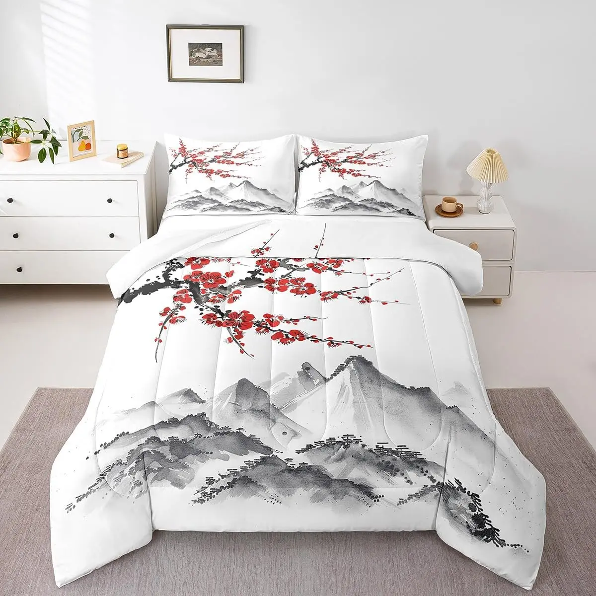 Feelyou Soft Queen Bedding Set - Japanese-Style Quilted Artistic Design Duvet Insert, Unique Red Cherry Blossoms & Mount Fuji Ink Painting Print, Artwork Duvets & Sets, Bedding Sets