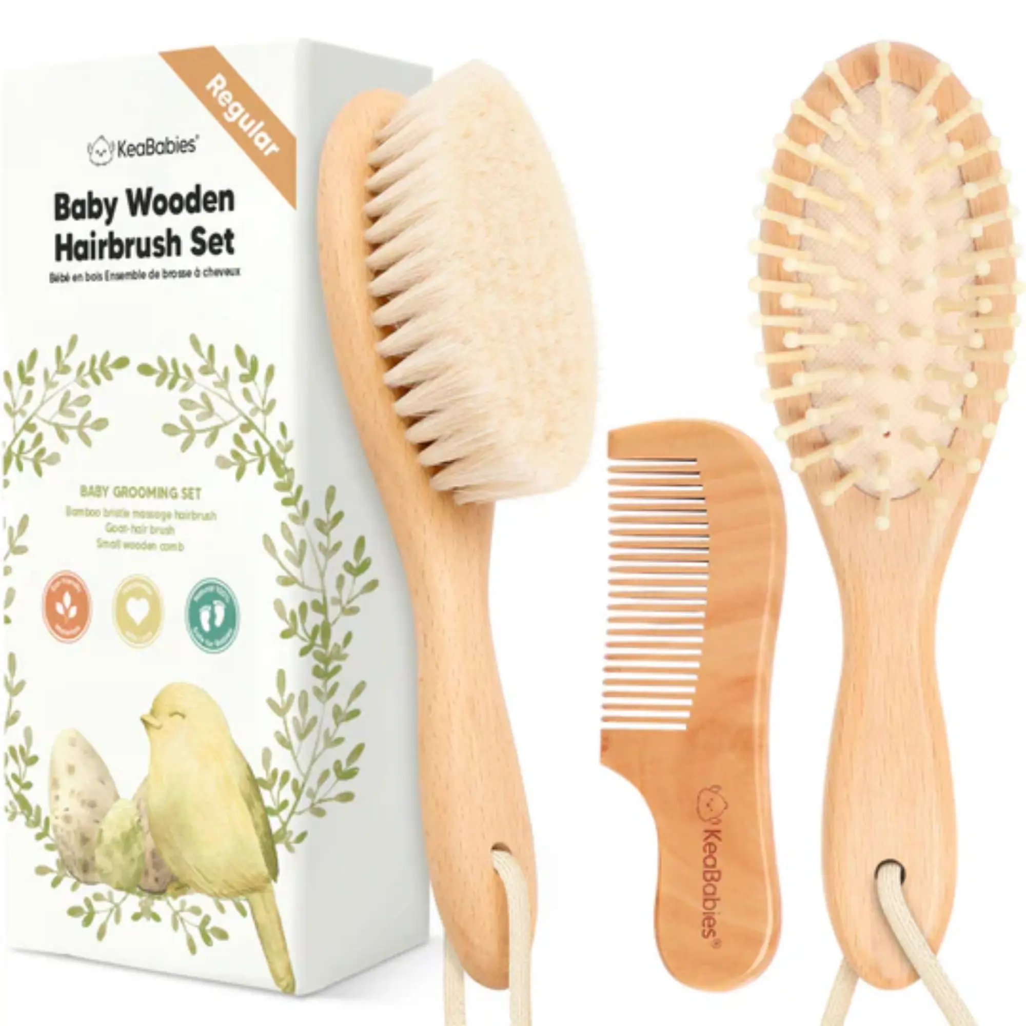 [3-in-1 Set] Baby Hair Brush Set for Newborns - Soft Goat Bristle Wooden Baby Brush and Comb Set Newborn Grooming Kit for Cradle Cap, Durable & Gentle, Boy, Girl Infant Essentials Care Kit