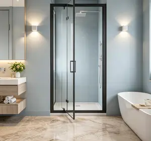 Framed Bi-fold Pivot Shower Door Space-saving Folding Shower Enclosure 1/4" Clear Tempered Glass Stainless Steel Handle Reverible Installation Black summerwins