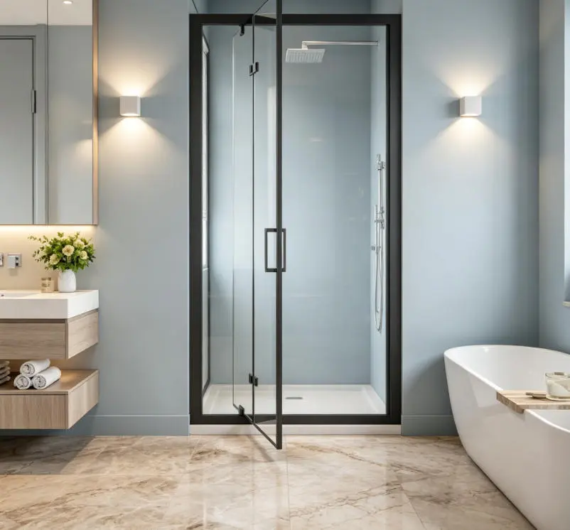 Framed Bi-fold Pivot Shower Door Space-saving Folding Shower Enclosure 1/4" Clear Tempered Glass Stainless Steel Handle Reverible Installation Black