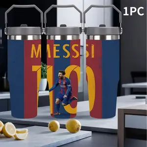 1pc30oz portable thermos cup, Tumbler, with MESSI Barcelona red and blue stripes theme pattern, black matte cup body with dark grey handle seal lid, Messi celebrating gesture, stainless steel metal ring decoration, football IP style, Insulated Tumbler Mug