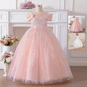 7-12Y Peach Pink 0085 Kids Clothes Flower Girls Princess Long Ball Sequins Mesh Ball Gown Gown Frock Children Formal Evening Party Banquet Pageant Prom Host Cocktail Dress