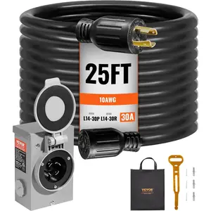 VEVOR 30 Amp Generator Cord and Power Inlet Box Kit, 25 FT Generator Extension Cord NEMA L14-30P/L14-30R STW 10 AWG with Twist Lock Connector, Pre-Drilled Inlet Box, ETL Listed