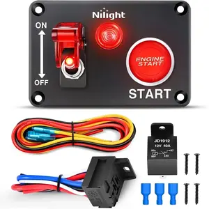 Nilight 2-in-1 Aluminum Racing Car Ignition Rocker Switch Complete Kit - 12V Rating, Engine Start Function, LED Lights, Safety Cover