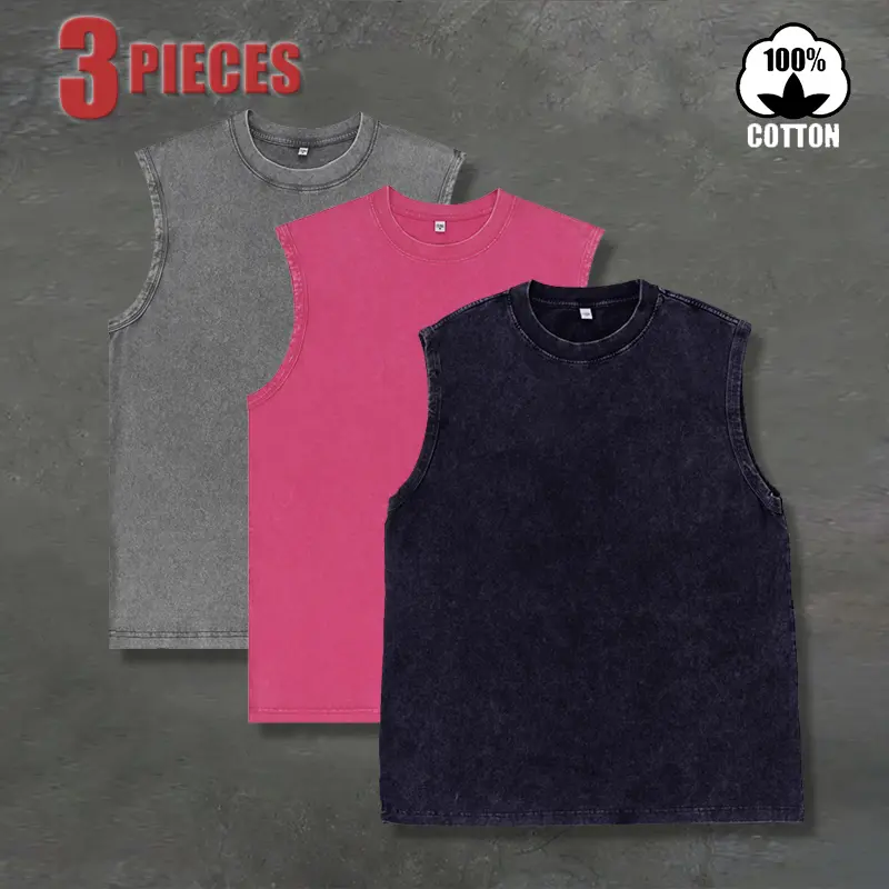 Men’s 3-pack washed vintage tank tops—American retro, trendy, casual athletic, versatile sleeveless T-shirts; American street-style staple for everyday wear, sports/fitness, and layering.