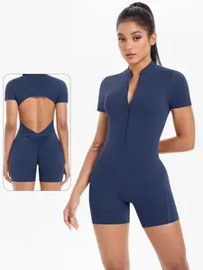 Women's Zipper Backless Yoga Jumpsuit, Short Sleeve Shorts, Tight-Fitting Gymnastics, Pilates Fitness Clothing, Stretchable Activewear, Sporty Jumpsuit, Sportswear Jumpsuits, Sporty Comfy Jumpsuit