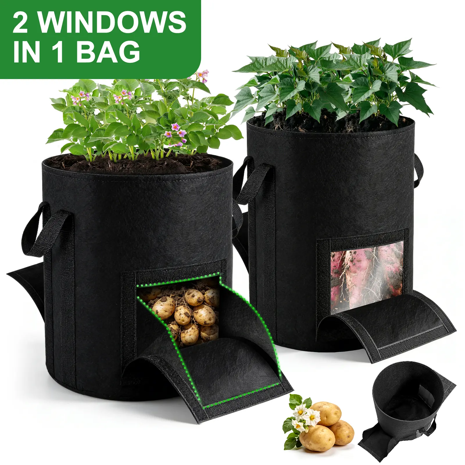 2 Windows Potato Grow Bag 10 Gallon, Heavy Duty Breathable Fabric Plant Container with Easy Harvest Flap for Vegetables, Potato, Tomato Gardening