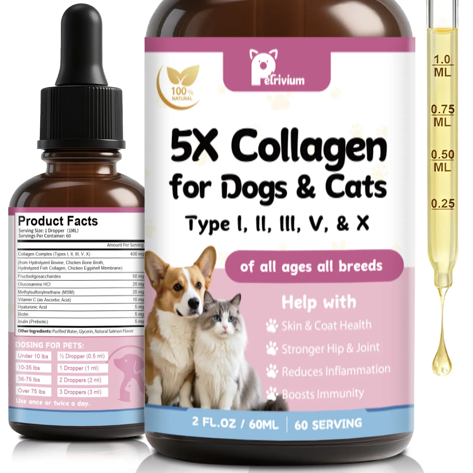Petrivium Liquid Collagen Animal Supplement for Dogs (2 Oz Bottle) - 5 Grass-Fed Collagen Types (I,II,III,V,X) with MSM,Biotin,Hyaluronic Acid for Daily Use,Joint Health,Skin Shine,Itch Relief,Skin & Coat Support sohochic